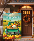 Fall Truck Garden Flag 12x18 Inch Green Pickup Packed With Pumpkins And Sunflowers Welcome Double Sided Autumn Harvest Yard Decor