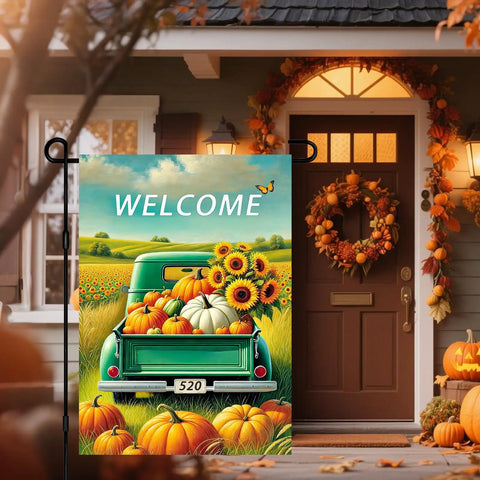 Fall Truck Garden Flag 12x18 Inch Green Pickup Packed With Pumpkins And Sunflowers Welcome Double Sided Autumn Harvest Yard Decor