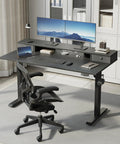 Klicelor 48X23 Inch Electric Standing Desk With Drawers Adjustable Height Small Sit Stand Desk For Home Office Compact Computer Workstation Solid Wood Top black design with monitors and chair