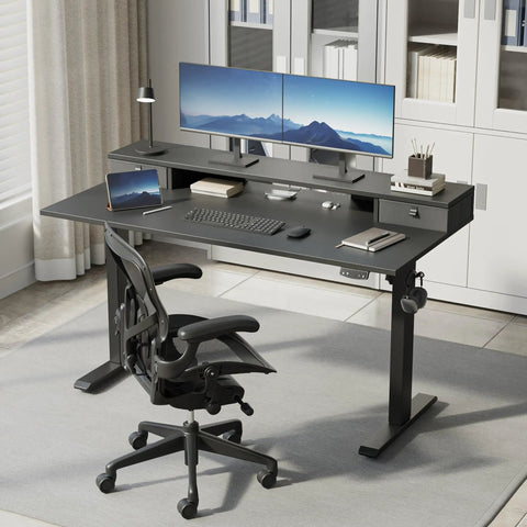 Klicelor 48X23 Inch Electric Standing Desk With Drawers Adjustable Height Small Sit Stand Desk For Home Office Compact Computer Workstation Solid Wood Top black design with monitors and chair