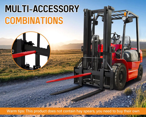 Premium Heavy Duty 45 Inch Tractor Pallet Forks Paired With Robust 50 Inch Forklift Blades on a red forklift in the field.