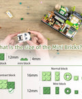 Mini Tea Shop Building Blocks Set 860 Pieces MOC Creative Construction Toys With Cute Panda Figures For Kids And Adults 6 12 Plus Gift Idea Realistic Architecture Simulation Model Kit For Collectors And Builders, hands holding mini panda block and 12mm mini brick size chart