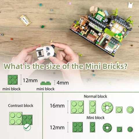 Mini Tea Shop Building Blocks Set 860 Pieces MOC Creative Construction Toys With Cute Panda Figures For Kids And Adults 6 12 Plus Gift Idea Realistic Architecture Simulation Model Kit For Collectors And Builders, hands holding mini panda block and 12mm mini brick size chart