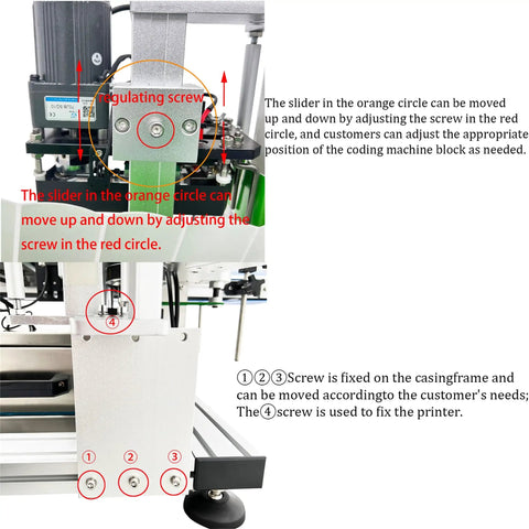 Detail of the Ready To Go Automatic Desktop Conveyor Round Bottle Labeler showing adjustable screws for positioning.