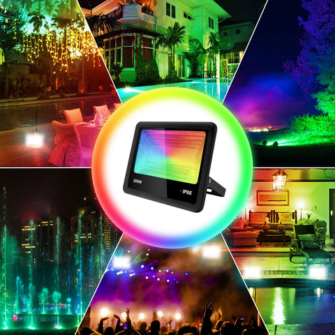 Dope 200W RGB LED Flood Light With Remote Control IP66 Waterproof illuminating various outdoor settings in 20 colors and 6 modes