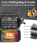 All In One Fishing Tackle Backpack With Integrated Cooler Bag 53L Waterproof Gear Backpack With 2 Rod Holders