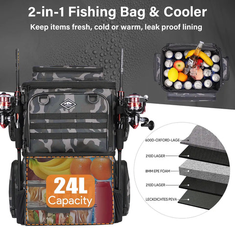 All In One Fishing Tackle Backpack With Integrated Cooler Bag 53L Waterproof Gear Backpack With 2 Rod Holders