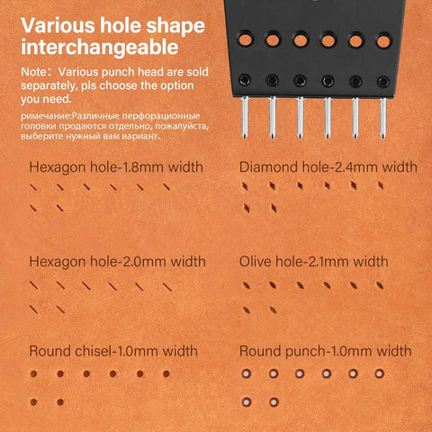 Leather Stitching Punch Set With Removable Hole Heads showing various hole shapes and sizes on brown leather.