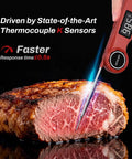 Ultra Fast Digital Meat Thermometer For BBQ USB C Rechargeable Kitchen Thermometer With 0.5s Read Time And 0.5 Fahrenheit Accuracy VA LCD Display Great For Grill Candy Making Brewing inserted into cooked meat showcasing precision.