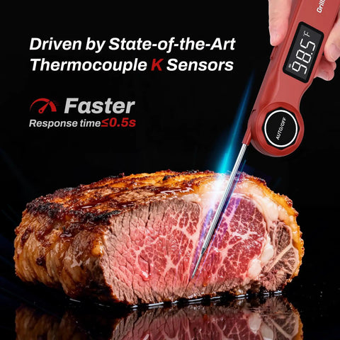 Ultra Fast Digital Meat Thermometer For BBQ USB C Rechargeable Kitchen Thermometer With 0.5s Read Time And 0.5 Fahrenheit Accuracy VA LCD Display Great For Grill Candy Making Brewing inserted into cooked meat showcasing precision.