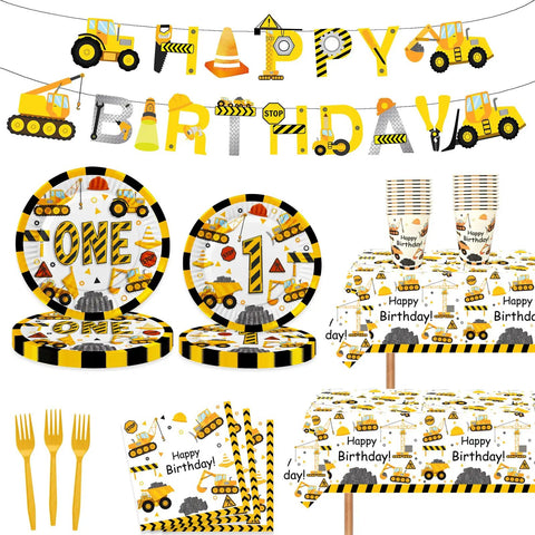 Construction Themed 1st Birthday Party Decor Dump Truck Dinnerware Set Includes Plates Napkins Cups Tablecloth Banner And More For Little Builders Im Digging Being 1st Birthday Party Supplies includes plates, napkins, cups, tablecloth, and banner with construction and dump truck theme.