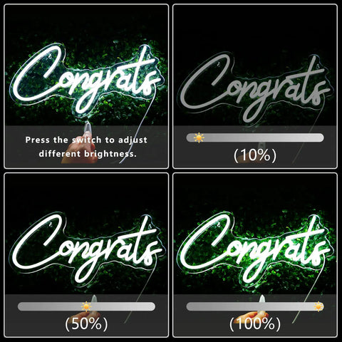 White Congrats Neon Sign Dimmable LED Wall Art For Graduation Party And Wedding Backdrop 17.7 By 9 Inches shown at various brightness levels