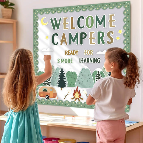 Two children looking at Camping Bulletin Board Kit With Adventure Mountain Back to School Decor Includes Tent and Campfire Cutouts.