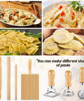 All In One 7 Piece Wood Pasta Making Set With Gnocchi Board Ravioli Stamp Makers Rolling Pin And Tools For Beginners And Home Cooks Italian Style Pasta Kit For Gnocchi Garganelli And Ravioli Lovers Gift displayed with pasta dishes