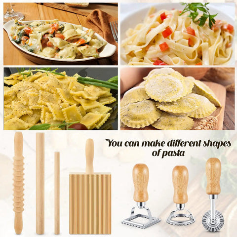 All In One 7 Piece Wood Pasta Making Set With Gnocchi Board Ravioli Stamp Makers Rolling Pin And Tools For Beginners And Home Cooks Italian Style Pasta Kit For Gnocchi Garganelli And Ravioli Lovers Gift displayed with pasta dishes