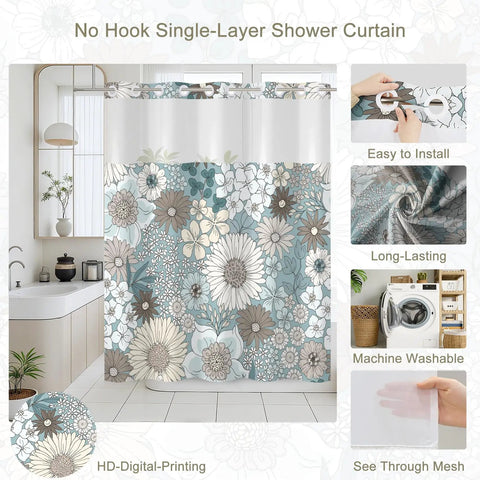No Hook Shower Curtain With See Through Mesh Light Blue Boho Flower Floral Fabric Bath Curtain Single Layer Easy Install 71 By 74 Inches Breathable See Through Mesh Lets Light In And Keeps Water Contained displayed in a bathroom.