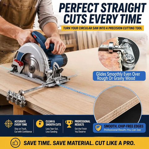 Precision Circular Saw Guide Rail Kit Featuring Heavy Duty Positioning Calipers delivers dead bang accuracy while cutting plywood smoothly.