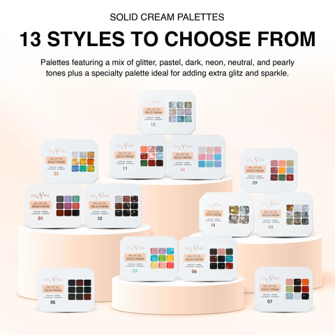 Display of 13 solid cream palettes with various color options, featuring Pro Grade Solid Nail Gel Cream Palette For Nail Art With Ombre And Stamping For Full Coverage 9 Color Set HEMA Free And TPO Free Easy To Use For Clean Lines And Smooth Blends Salon Quality Manicure At Home labels.