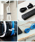 Four views of 24 Pack Silicone Cable Ties For Desk Setup, securing cables in various settings, showcasing color and flexibility.