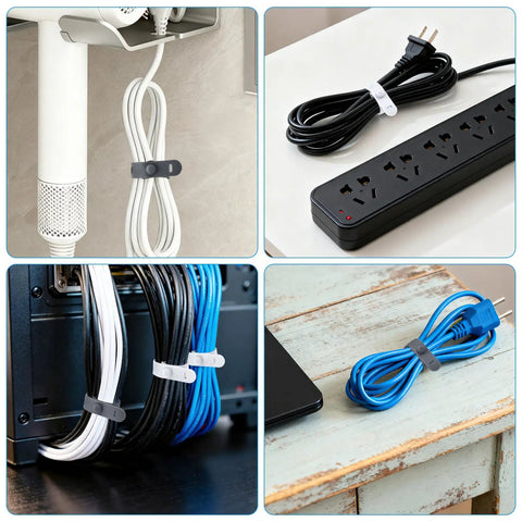 Four views of 24 Pack Silicone Cable Ties For Desk Setup, securing cables in various settings, showcasing color and flexibility.