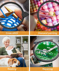 10X Magnification LED Lighted Magnifier With Stand And 7 Inch Lens For Reading And Detail Work, Cross Stitch And Crafts, Rechargeable Floor Or Desk Lamp With Adjustable Gooseneck, Ideal For Seniors Or People With Low Vision shown in use for cross stitch, diamond painting, reading, and electronics repair.