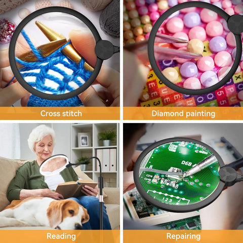 10X Magnification LED Lighted Magnifier With Stand And 7 Inch Lens For Reading And Detail Work, Cross Stitch And Crafts, Rechargeable Floor Or Desk Lamp With Adjustable Gooseneck, Ideal For Seniors Or People With Low Vision shown in use for cross stitch, diamond painting, reading, and electronics repair.