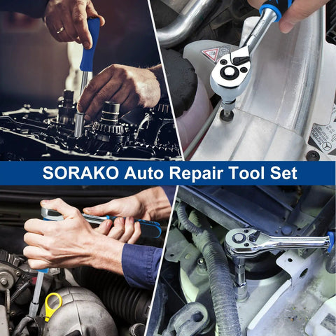 Multiple angles showing usage of Go-To 87-Piece 1/4-Inch Drive Socket Wrench Set, Pro Grade Chrome Vanadium Steel, 72-Tooth Ratchet, Six-Sided Sockets, Case Included, Rust-Resistant Durable Tool Kit For Home Mechanics And Pros.