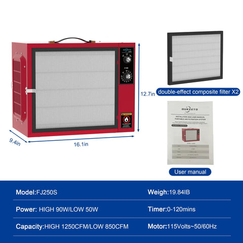 Heavy Duty Portable Two Stage Tabletop Dust Collector And Shop Air Filtration System Featuring Badass Vortex Fan, red, side view with dimensions.