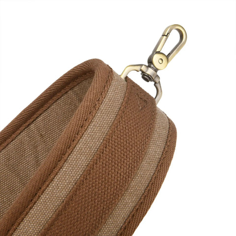 Close-up of Canvas Bird Game Carrier For Waterfowl And Small Animals with brass snap hook and cowhide leather trim, brown