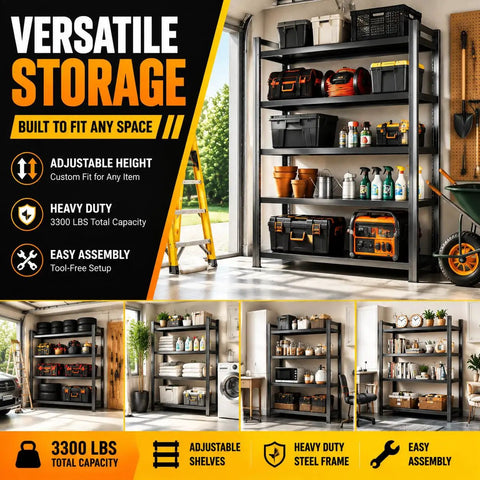 Heavy Duty Garage Shelving System With Boltless Adjustable Five Tier Steel Storage Racks, 660 Lbs Per Shelf Capacity, Built Tough Industrial Metal Shelves For Tools, Gear, And Big Garage Organization in garage