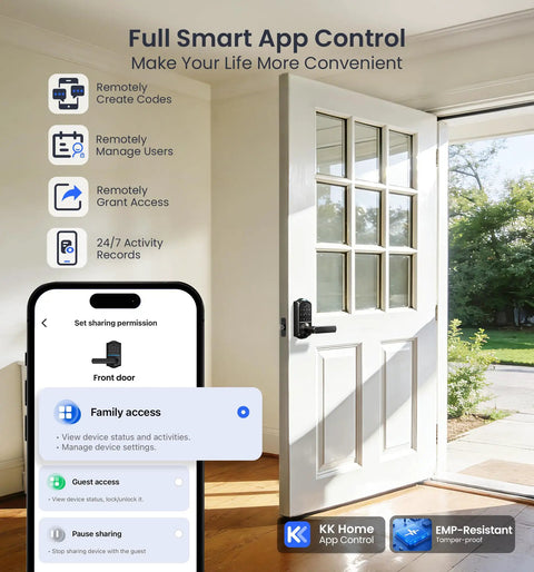 Genuine Matte Black Smart Lever Lock Boasting Hella Fast AI Fingerprint Unlock And Smooth App Control Keypad Entry shown on a front door.