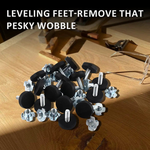 Heavy Duty 80 Piece M6 Threaded Furniture Leveling Feet With T Nuts Adjustable Glides scattered on wooden surface