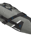 Mule 9 Bikepacking Rolltop Waterproof Saddle Bag For Tents And Gear With IPX5 Rating, shown in Wolf Grey with secure mounting straps.
