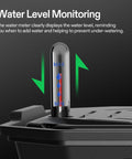 Water meter on 4-Pack FlexFeed Self-Watering Pots With Auto Irrigation Base, showing max and min levels for indoor and outdoor use.