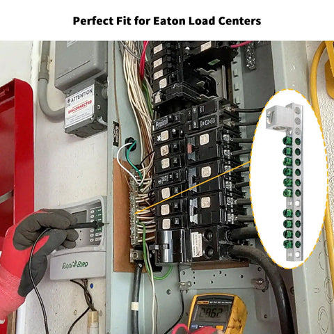 Heavy Duty Ten Terminal Grounding Bar Kit For Eaton Br Ch Load Centers Breaker Box installation in an electrical panel.