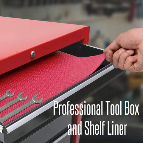 Heavy Duty Tool Box Liner 18 Inch By 24 Feet 3 mm Thick Stay Put Surface in red drawer with hand adjusting liner