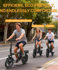 Three people riding Electric Bike For Adults With 500W Motor 20 MPH Top Speed Foldable E Bike With 14 Inch Wheels in a city street.