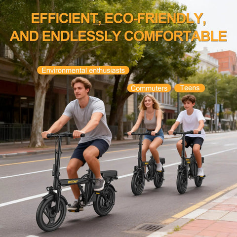 Three people riding Electric Bike For Adults With 500W Motor 20 MPH Top Speed Foldable E Bike With 14 Inch Wheels in a city street.