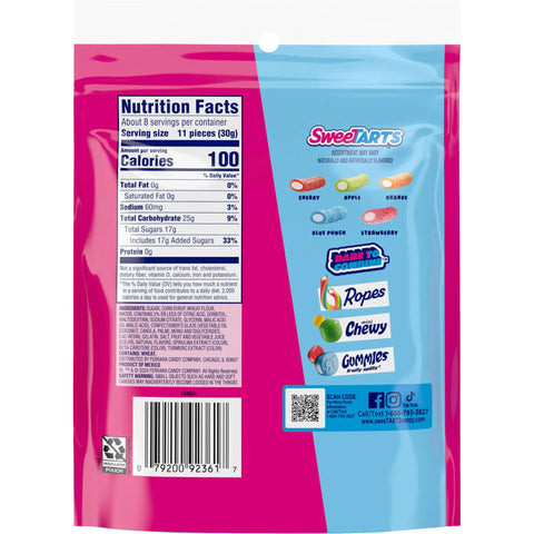 Back of Mixed Fruit Rope Bites Candy In A Reusable 8 Ounce Bag with Chewy Tart Filling showing nutrition facts and flavors.