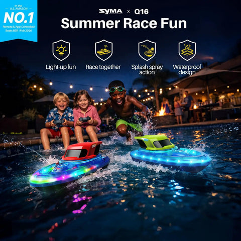Children playing with Two Pack RC Boats For Kids Ready To Race With 7 Mode LED Lights Water Spray Dual Batteries in a pool at night.