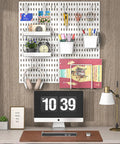 Modular Plastic Pegboard Wall Organizer 4 Pack 12x12 Inch Panels Hella Space Saving Garage Storage With Heavy Duty Hooks For Tool Organization And Office Cubicle Setup Super Slick Design hanging on a wall with tools and supplies.