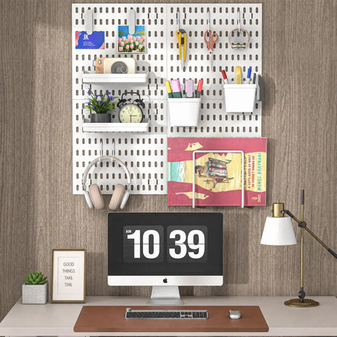Modular Plastic Pegboard Wall Organizer 4 Pack 12x12 Inch Panels Hella Space Saving Garage Storage With Heavy Duty Hooks For Tool Organization And Office Cubicle Setup Super Slick Design hanging on a wall with tools and supplies.