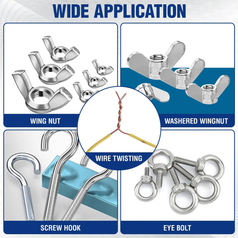 Diagram of wing nut driver set used for wing nuts, eye bolts, screw hooks, and wire twisting, showcasing product applications.