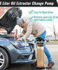Man using 9.5 liter oil extractor pump for cars under open hood, easy operation steps shown with product highlighted