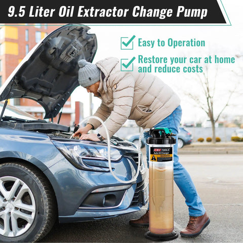 Man using 9.5 liter oil extractor pump for cars under open hood, easy operation steps shown with product highlighted