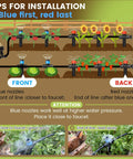 Installation tips for 110 Ft Quick-Connect Drip Irrigation Kit with blue and red nozzles for efficient DIY setup in gardens.