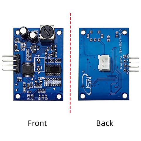 Front and back view of Two Pack JSN SR04T Ultrasonic Distance Sensor Module 23 To 500 Cm Waterproof Transducer For Arduino MCU High Precision 3mm Accuracy Integrated Sensor With Control Circuit Plug And Play.