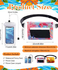 Four Pack Waterproof Fanny Pack Set With Adjustable Waist Straps And Dry Pouches, IP68 Waterproof Seal, product dimensions displayed
