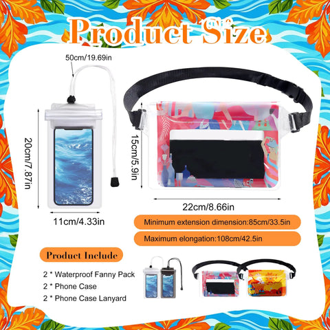 Four Pack Waterproof Fanny Pack Set With Adjustable Waist Straps And Dry Pouches, IP68 Waterproof Seal, product dimensions displayed