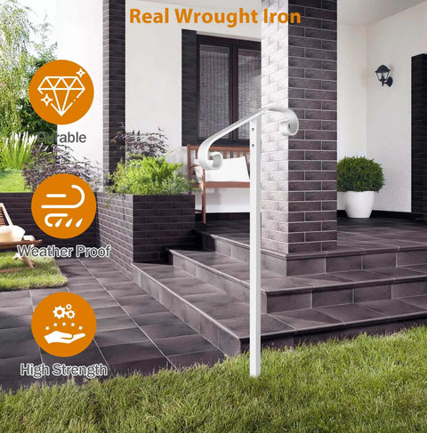 Heavy Duty Wrought Iron Non Drill Handrail Railing For Outdoor Steps Featuring In Ground Single Post Setup Plus All Weather Black Paint Finish that supports outdoor steps.